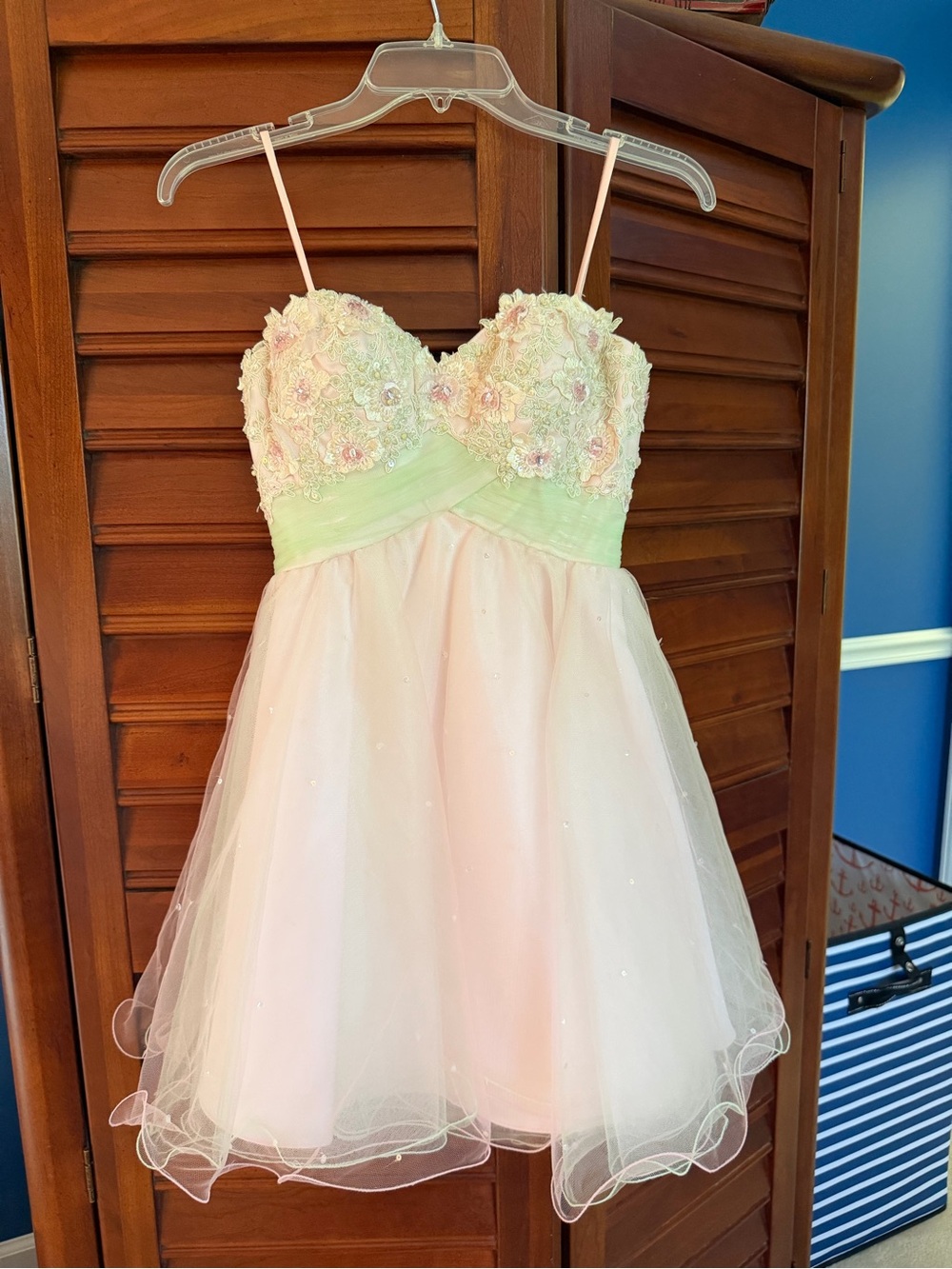 Embellished Pink & Light Green Mini Dress with Floral Bodice